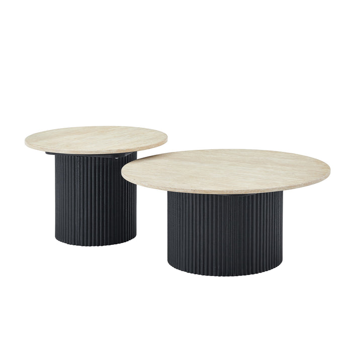 Table Basse Japandi Gemont Set 2-en-1 Aspect Travertin Noir