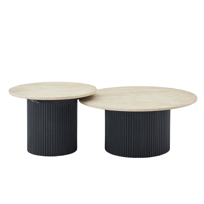 Table Basse Japandi Gemont Set 2-en-1 Aspect Travertin Noir