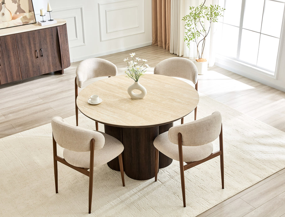 Table à manger 120 cm ronde en céramique RACHES Effet Travertin