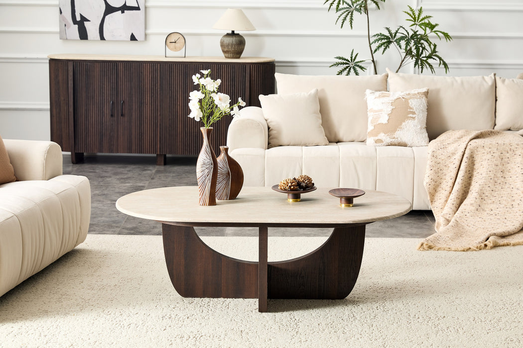 Japandi Salontafel ARMOY Travertin Walnoot Look 130 cm