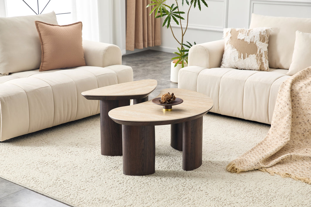 2IN1 set Salontafel CHERON Organisch Keramiek Travertin Look