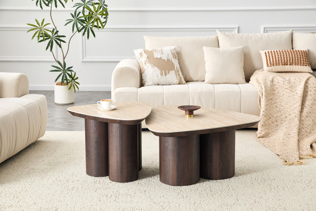 Salontafel RIMOGNE 2-in-1  Set Keramiek Travertin Look