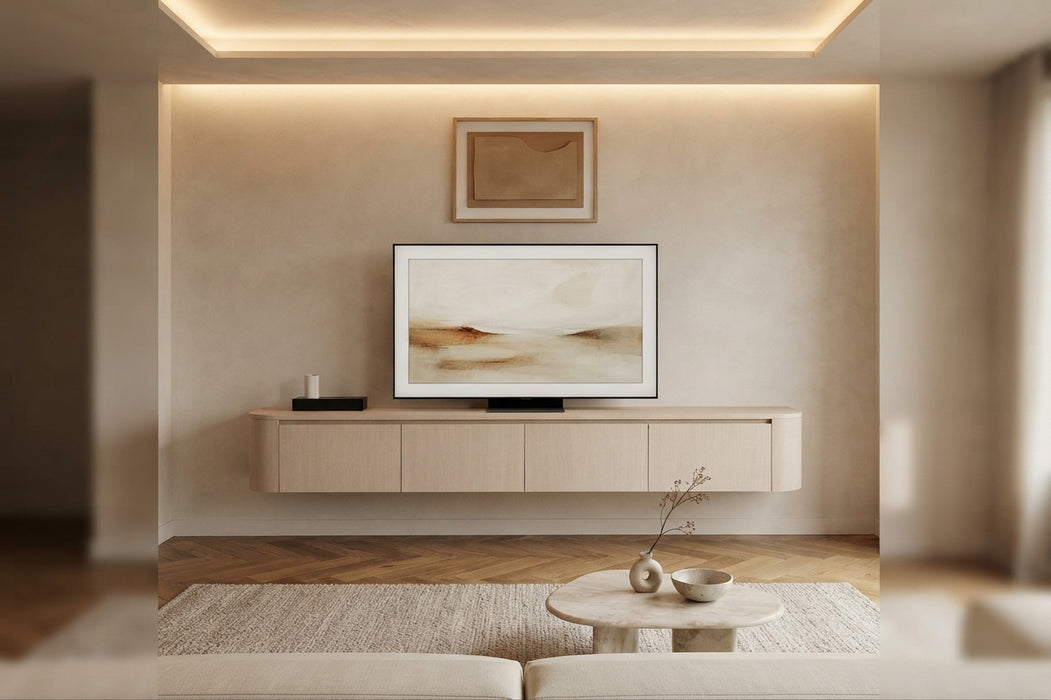 Meuble TV Suspendu Japandi SAUVERN Organique Taupe 240 CM