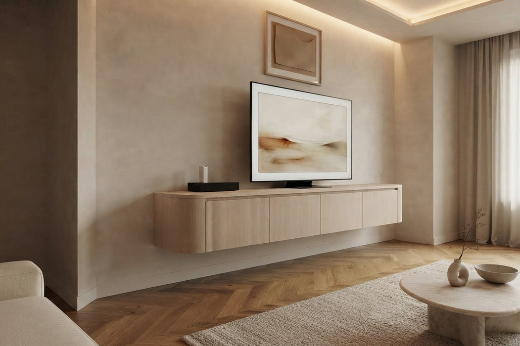 Meuble TV Suspendu Japandi SAUVERN Organique Taupe 240 CM