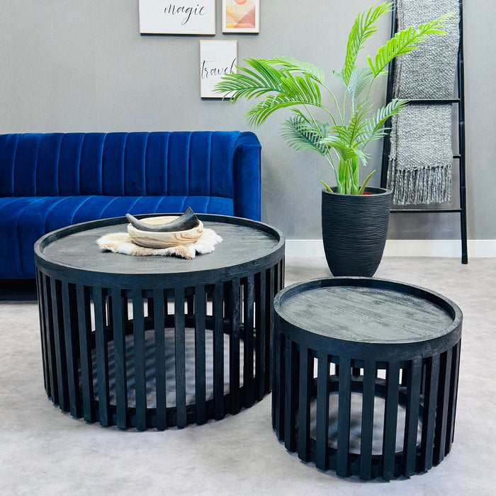 ENSEMBLE TABLE BASSE RONDE LYNCK MANGO NOIR 80CM et 49CM