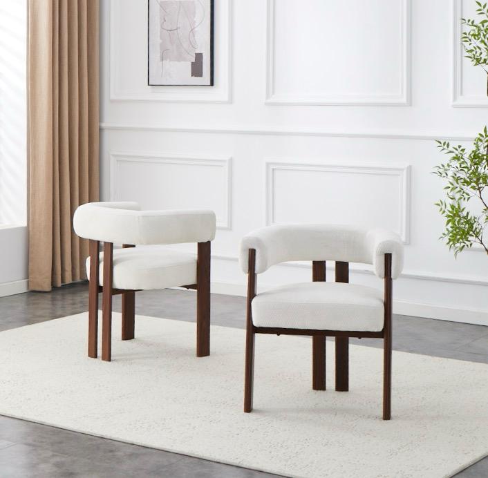 Japandi Eetkamerstoel PARTHE Bouclé Crème Walnoot Set van 4